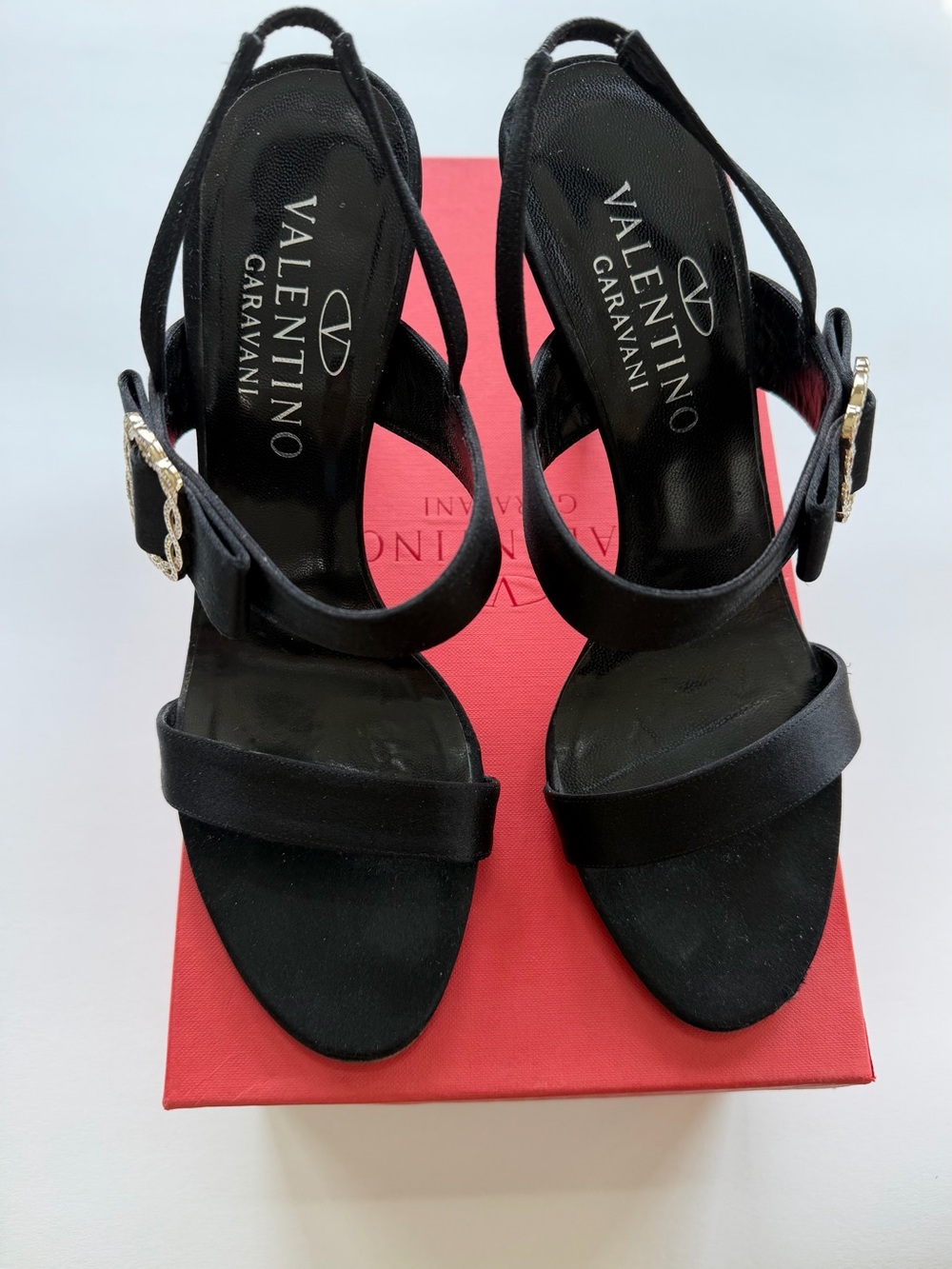 Valentino Garavani Black Satin Slingback Heels with Gold Buckle